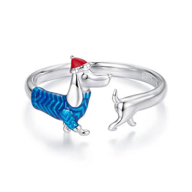 Christmas Dachshund Ring | 925 Sterling Silver - Festive Whimsy with Adjustable Open Design