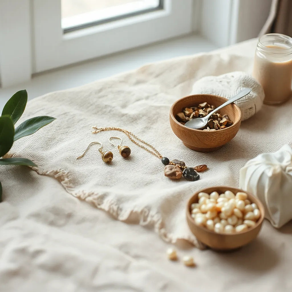 Minimal eco-friendly earrings and a delicate necklace on natural fabric with earthy materials nearby