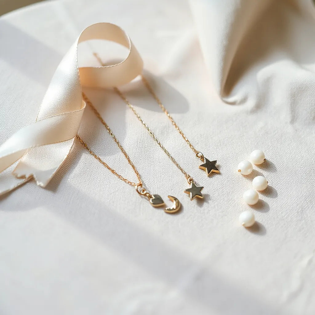 Delicate charm necklace with small star, heart, and crescent pendants on a fine chain