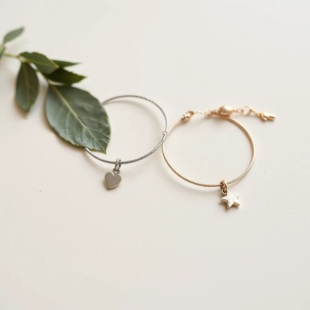 Two delicate charm bracelets for couples with small heart and star charms on a light neutral background