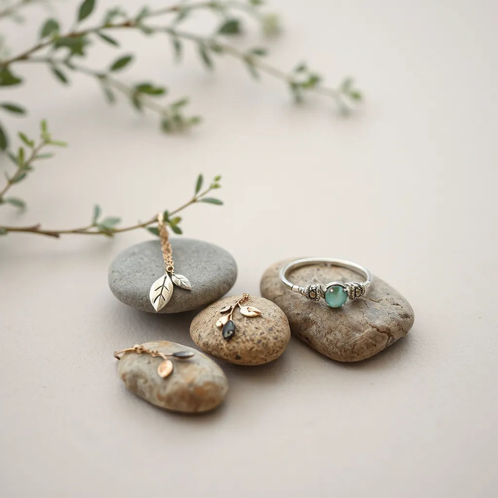 Leaf and flower motif jewelry resting on river stones with a small greenery sprig