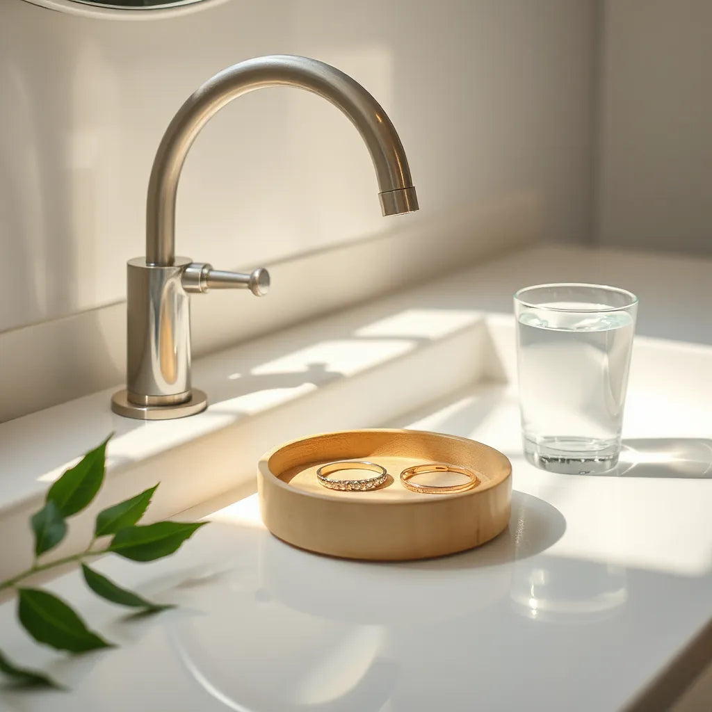 Minimal waterproof rings, bracelet, and hoop earrings resting on a jewelry tray with water droplets nearby
