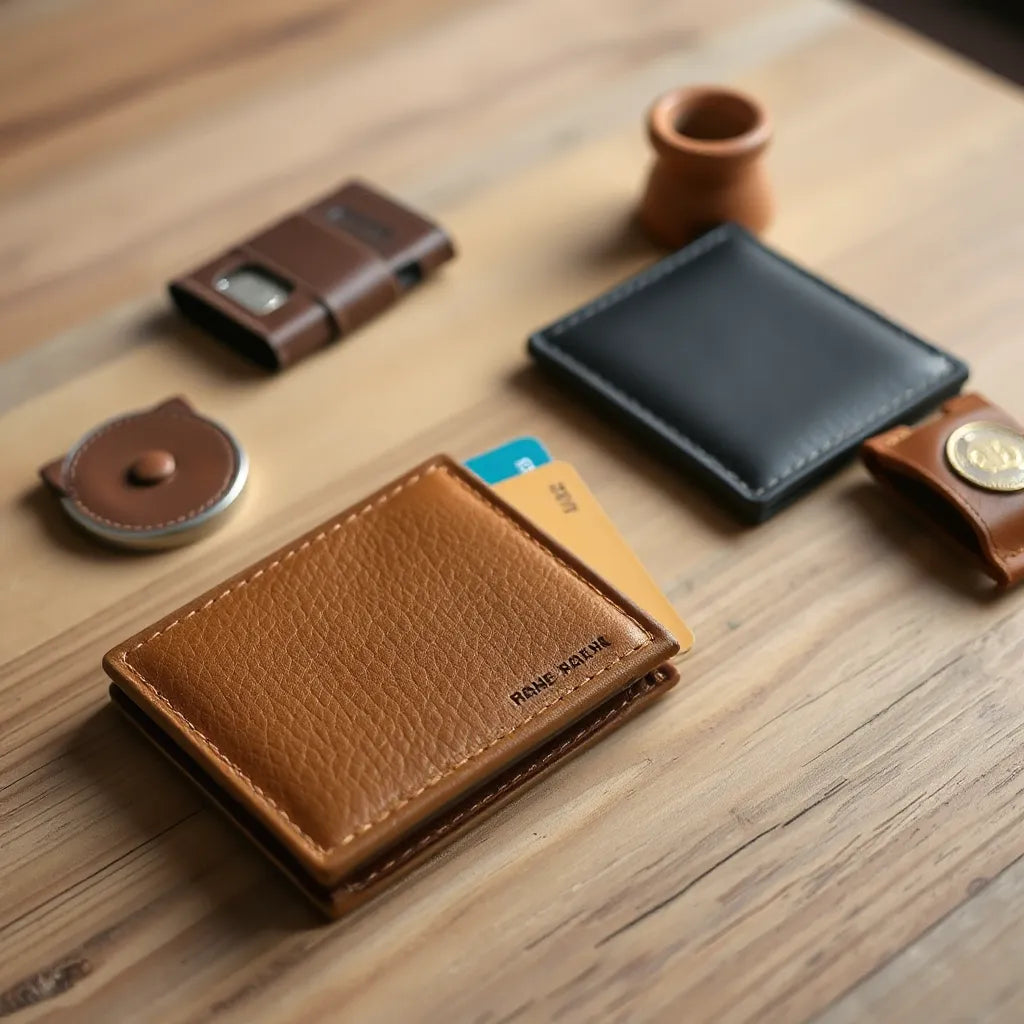 Premium grained leather wallets with visible card slots on a wooden surface in natural light