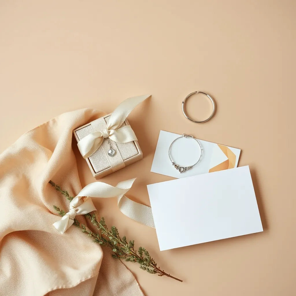Elegant gift items with a jewelry box and ribbon on a neutral fabric background