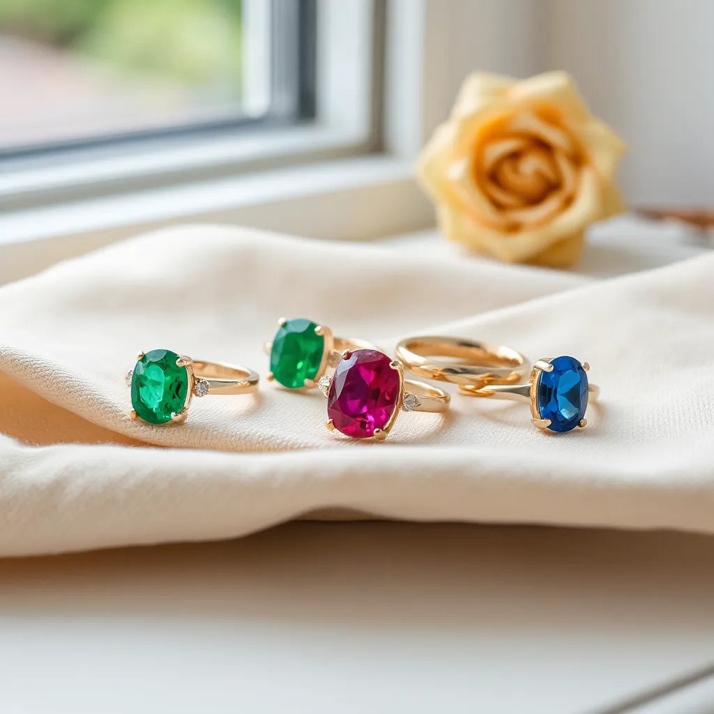 Colorful gemstone statement rings on neutral fabric with soft natural light