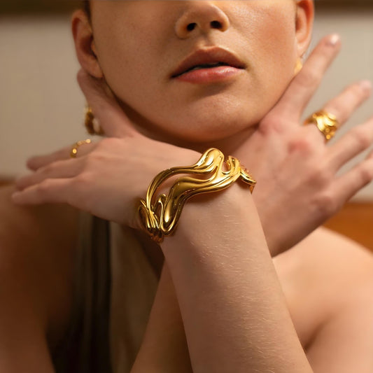 Artistic Gold Wave - Shaped Open Bangle