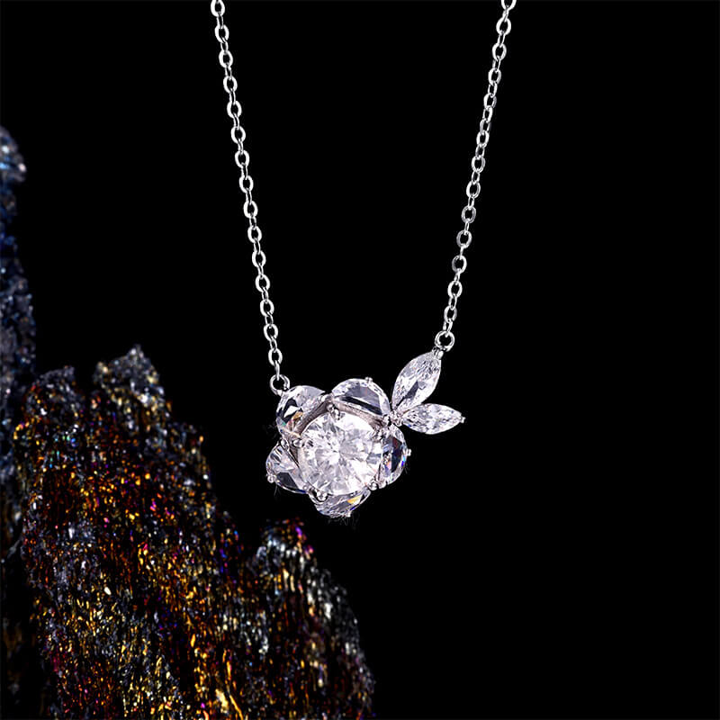 1 Carat Moissanite Camellia Flower Necklace | 925 Sterling Silver Romantic Floral Pendant | Brilliant Lab Diamond Alternative Jewelry for Her - Aruary Studio ｜ Artisanal Jewelry