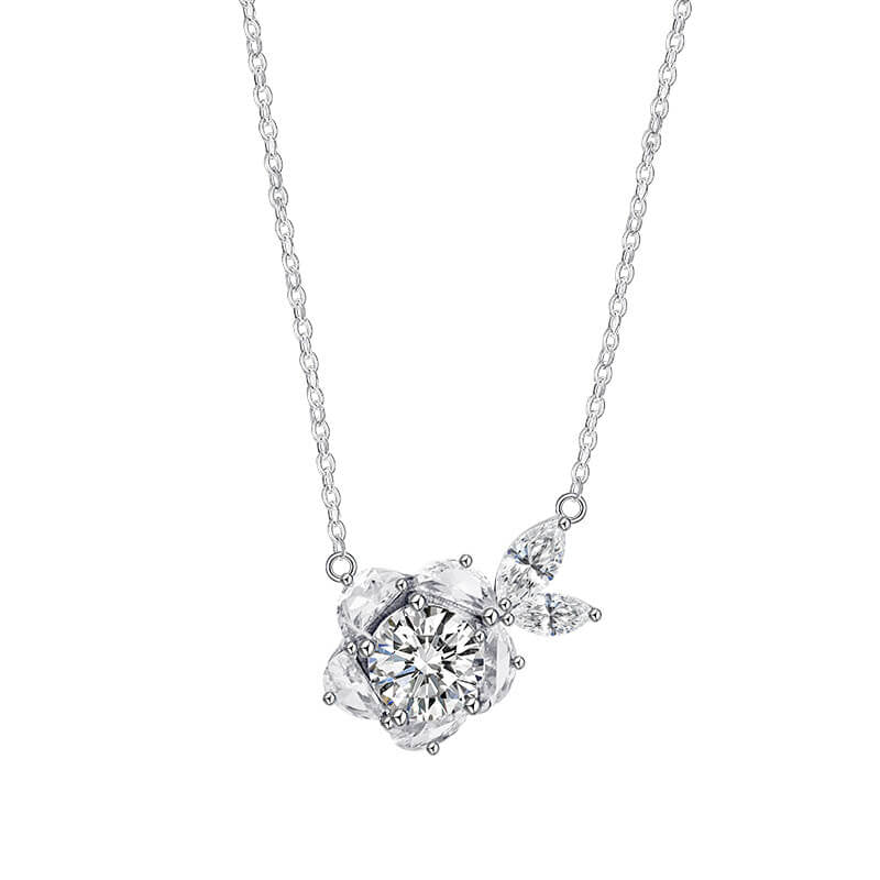 1 Carat Moissanite Camellia Flower Necklace | 925 Sterling Silver Romantic Floral Pendant | Brilliant Lab Diamond Alternative Jewelry for Her - Aruary Studio ｜ Artisanal Jewelry