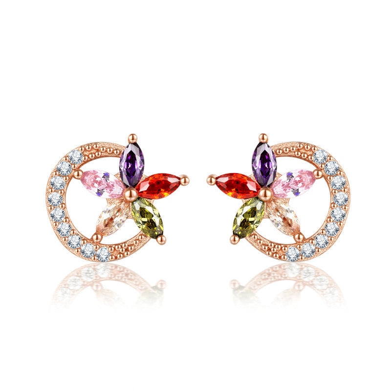 18K Gold Plated Multi-Color Zircon Flower Half-Circle Stud Earrings Aruary Studio ｜ Artisanal Jewelry