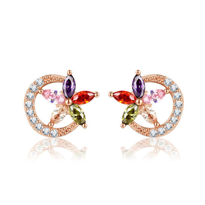 18K Gold Plated Multi-Color Zircon Flower Half-Circle Stud Earrings Aruary Studio ｜ Artisanal Jewelry