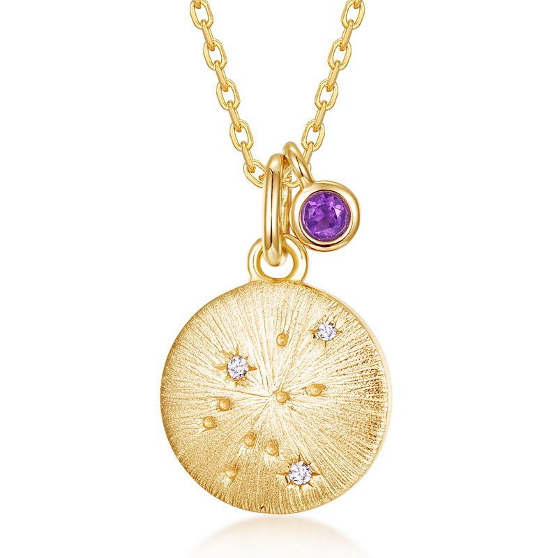 12 Zodiac Sign Brushed Gold Birthstone Pendant Necklace | 925 Sterling Silver - Aruary Studio ｜ Artisanal Jewelry