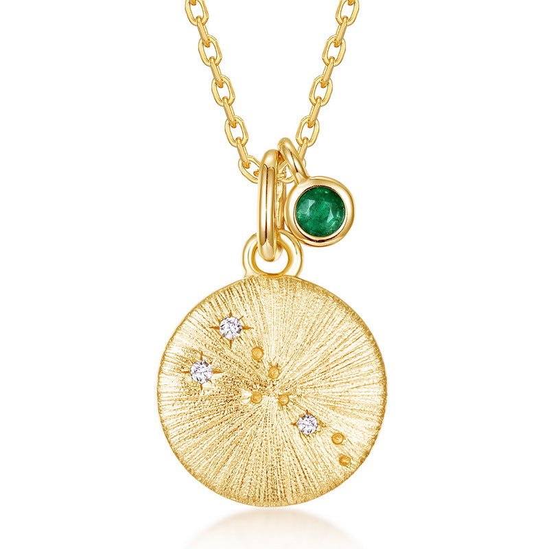 12 Zodiac Sign Brushed Gold Birthstone Pendant Necklace | 925 Sterling Silver - Aruary Studio ｜ Artisanal Jewelry