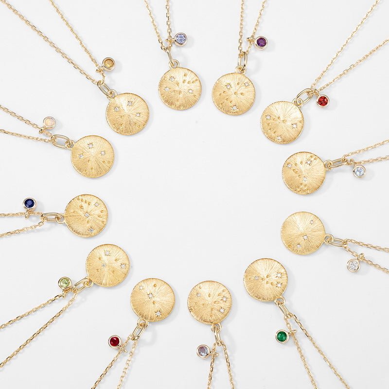 12 Zodiac Sign Brushed Gold Birthstone Pendant Necklace | 925 Sterling Silver - Aruary Studio ｜ Artisanal Jewelry