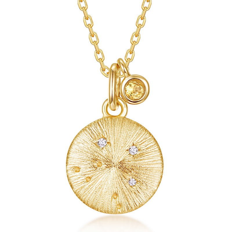 12 Zodiac Sign Brushed Gold Birthstone Pendant Necklace | 925 Sterling Silver - Aruary Studio ｜ Artisanal Jewelry