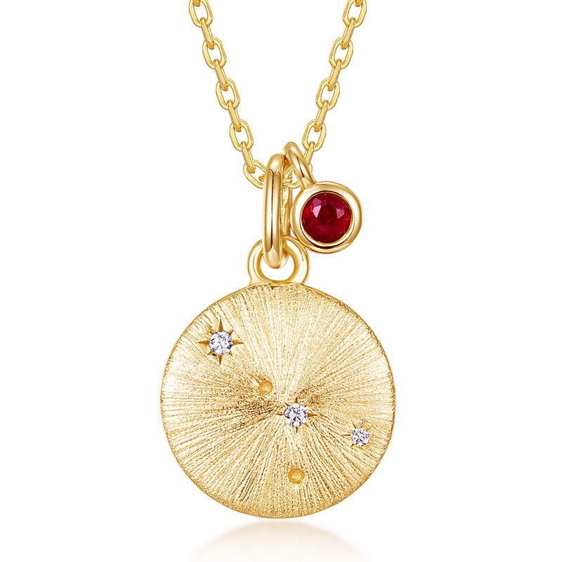 12 Zodiac Sign Brushed Gold Birthstone Pendant Necklace | 925 Sterling Silver - Aruary Studio ｜ Artisanal Jewelry