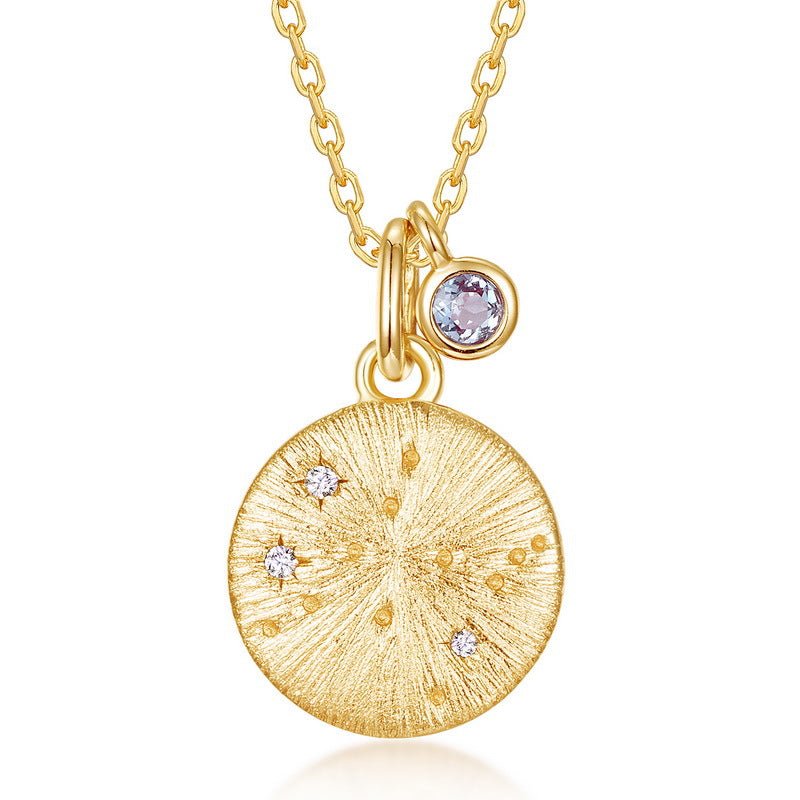 12 Zodiac Sign Brushed Gold Birthstone Pendant Necklace | 925 Sterling Silver - Aruary Studio ｜ Artisanal Jewelry