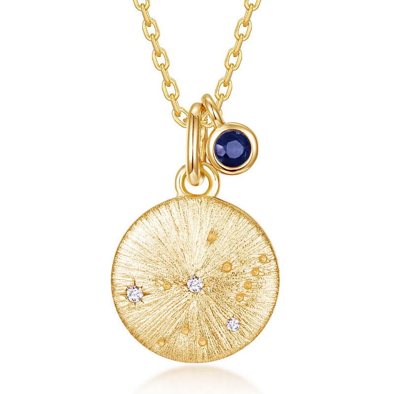 12 Zodiac Sign Brushed Gold Birthstone Pendant Necklace | 925 Sterling Silver - Aruary Studio ｜ Artisanal Jewelry