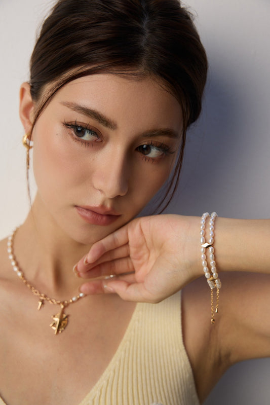 Double - Layered Freshwater Pearl & Golden/Silvery - Accented Bracelet