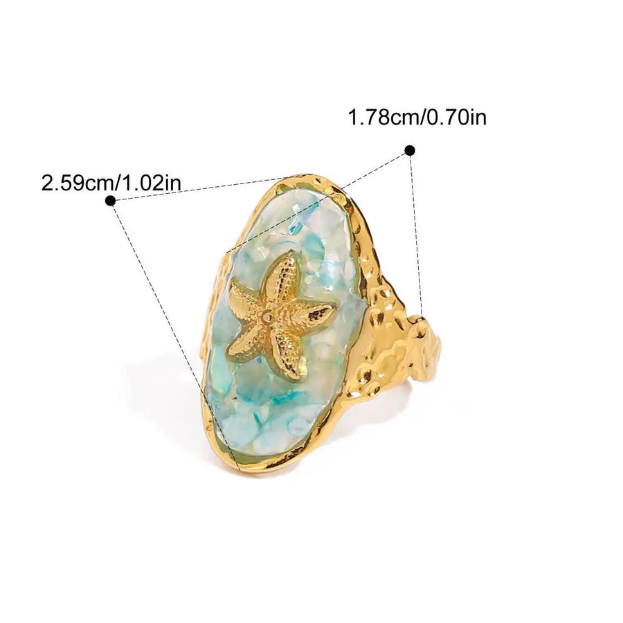 Yuqing Realm ｜ Accessories Boutique 18K Gold Ocean Vacation Ring | Shell & Starfish Open Band | Luxury Beach Jewelry