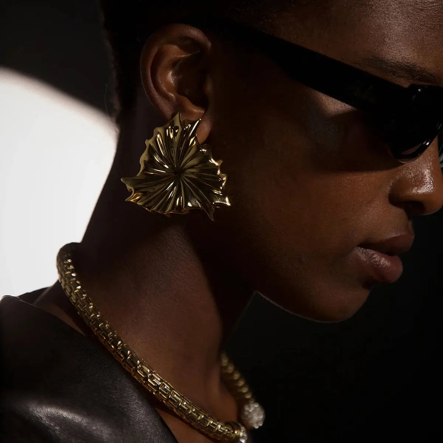Aruary Studio ｜ Artisanal Jewelry 18K Gold Plated Leaf Statement Earrings - Waterproof & Hypoallergenic - Bold 1.5" Design