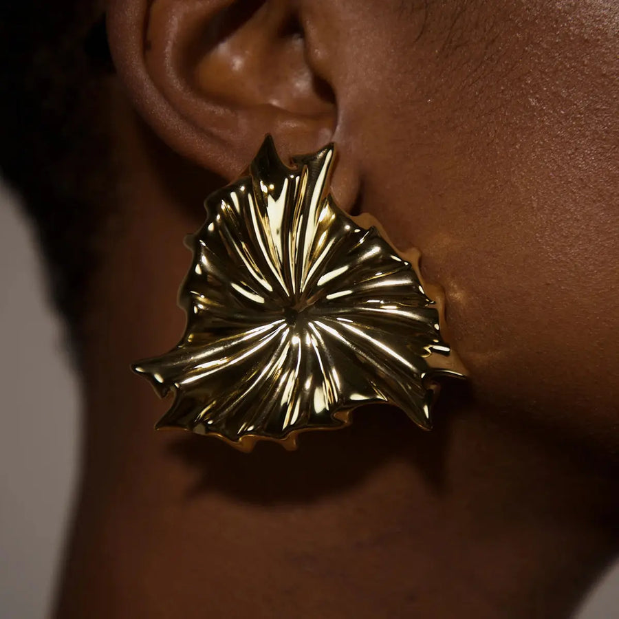 Aruary Studio ｜ Artisanal Jewelry 18K Gold Plated Leaf Statement Earrings - Waterproof & Hypoallergenic - Bold 1.5" Design