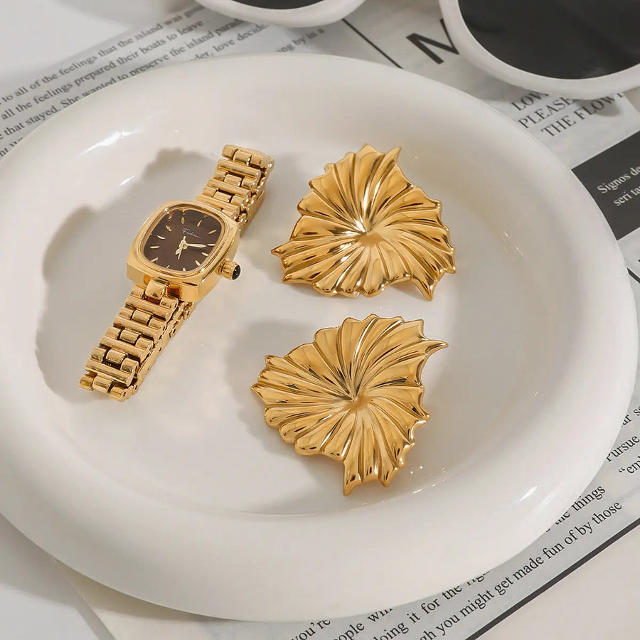 Aruary Studio ｜ Artisanal Jewelry 18K Gold Plated Leaf Statement Earrings - Waterproof & Hypoallergenic - Bold 1.5" Design