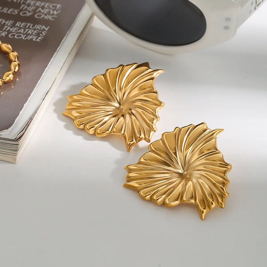 Aruary Studio ｜ Artisanal Jewelry 18K Gold Plated Leaf Statement Earrings - Waterproof & Hypoallergenic - Bold 1.5" Design