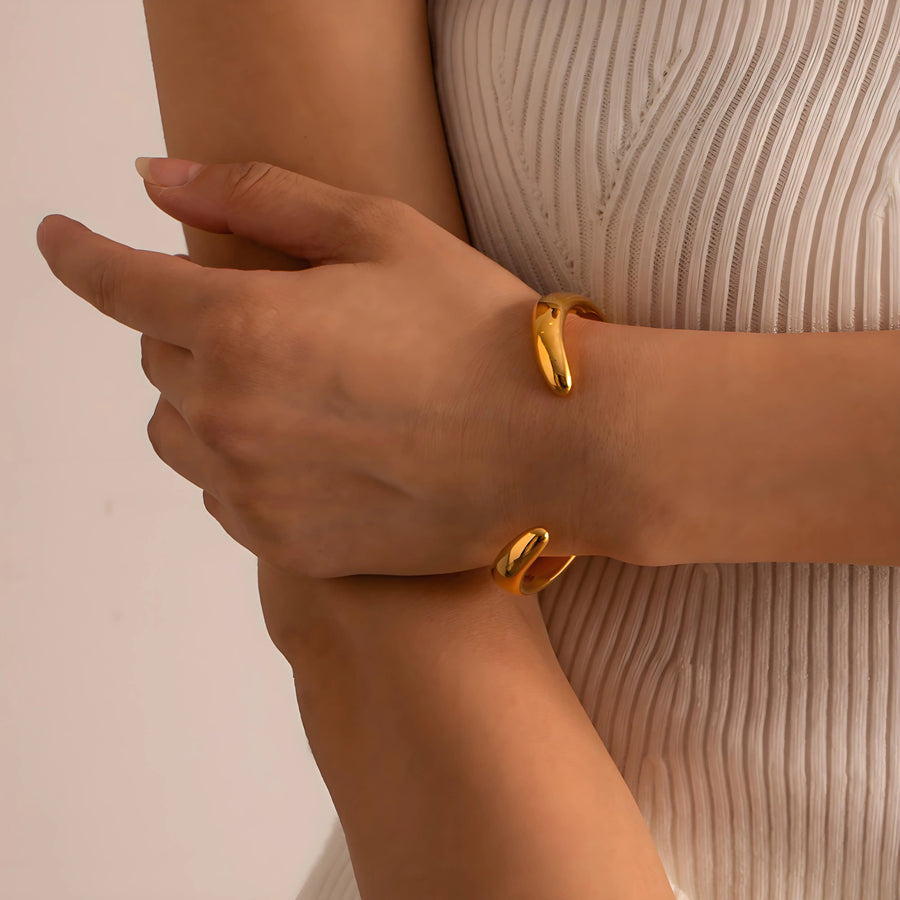 Aruary Studio ｜ Artisanal Jewelry 18K Gold Plated Wave Open Cuff Bracelet - Stainless Steel Adjustable Bangle, Trendy Ins Fashion Jewelry