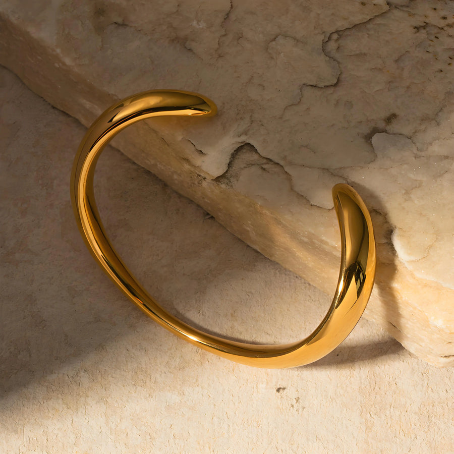 Aruary Studio ｜ Artisanal Jewelry 18K Gold Plated Wave Open Cuff Bracelet - Stainless Steel Adjustable Bangle, Trendy Ins Fashion Jewelry