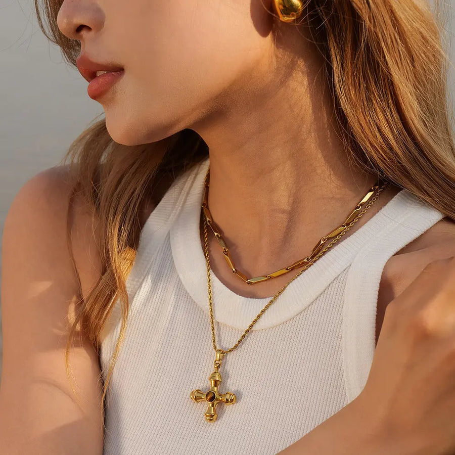 My Store 18K Gold Titanium Steel Evil Eye Cross Pendant Necklace - Unisex Ins Gothic Choker | Hypoallergenic Fade-Proof Chain