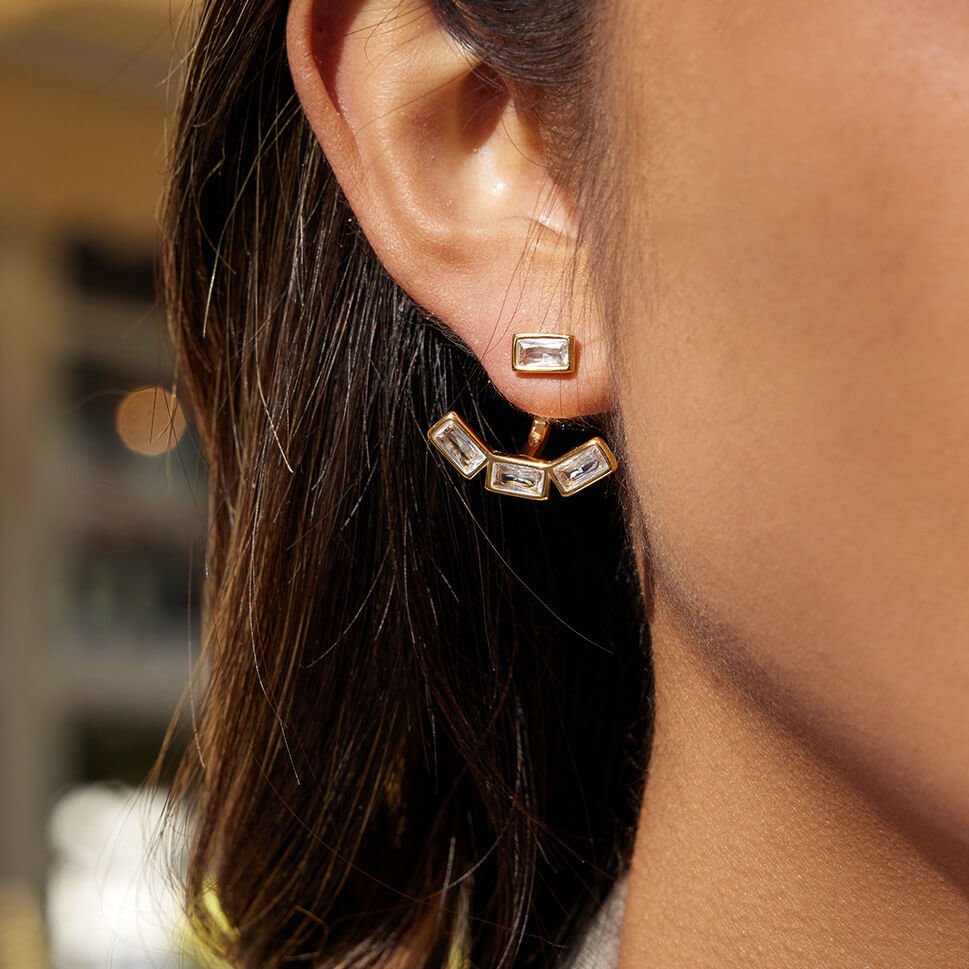 18K Gold Plated Emerald Cut Ear Jacket Earrings | Dainty Geometric Arc Studs with 5A Zirconia | Waterproof Minimalist Jewelry for Her - Aruary Studio ｜ Artisanal Jewelry