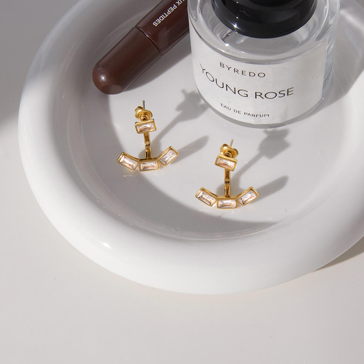 18K Gold Plated Emerald Cut Ear Jacket Earrings | Dainty Geometric Arc Studs with 5A Zirconia | Waterproof Minimalist Jewelry for Her - Aruary Studio ｜ Artisanal Jewelry