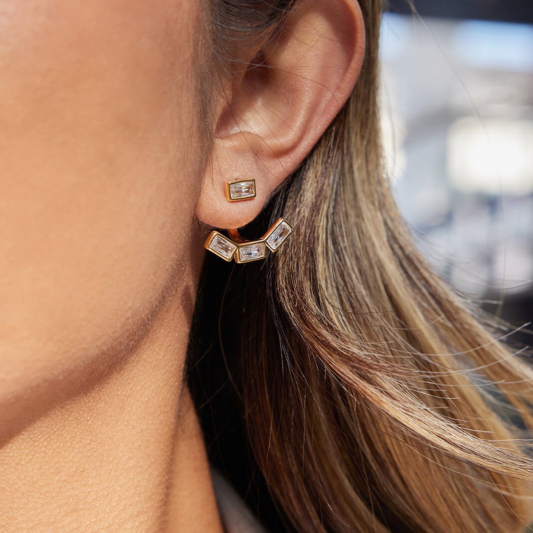 18K Gold Plated Emerald Cut Ear Jacket Earrings | Dainty Geometric Arc Studs with 5A Zirconia | Waterproof Minimalist Jewelry for Her - Aruary Studio ｜ Artisanal Jewelry