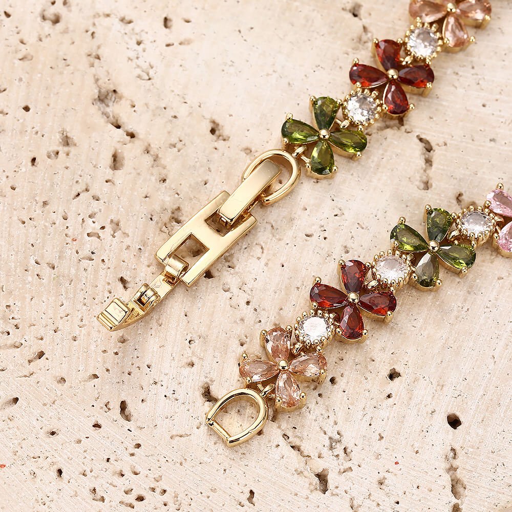 18K Gold Plated Floral Cluster Bracelet | Colorful 5A Cubic Zirconia Flower Charm Bracelet for Women | 7cm Diameter Spring Jewelry - Aruary Studio ｜ Artisanal Jewelry