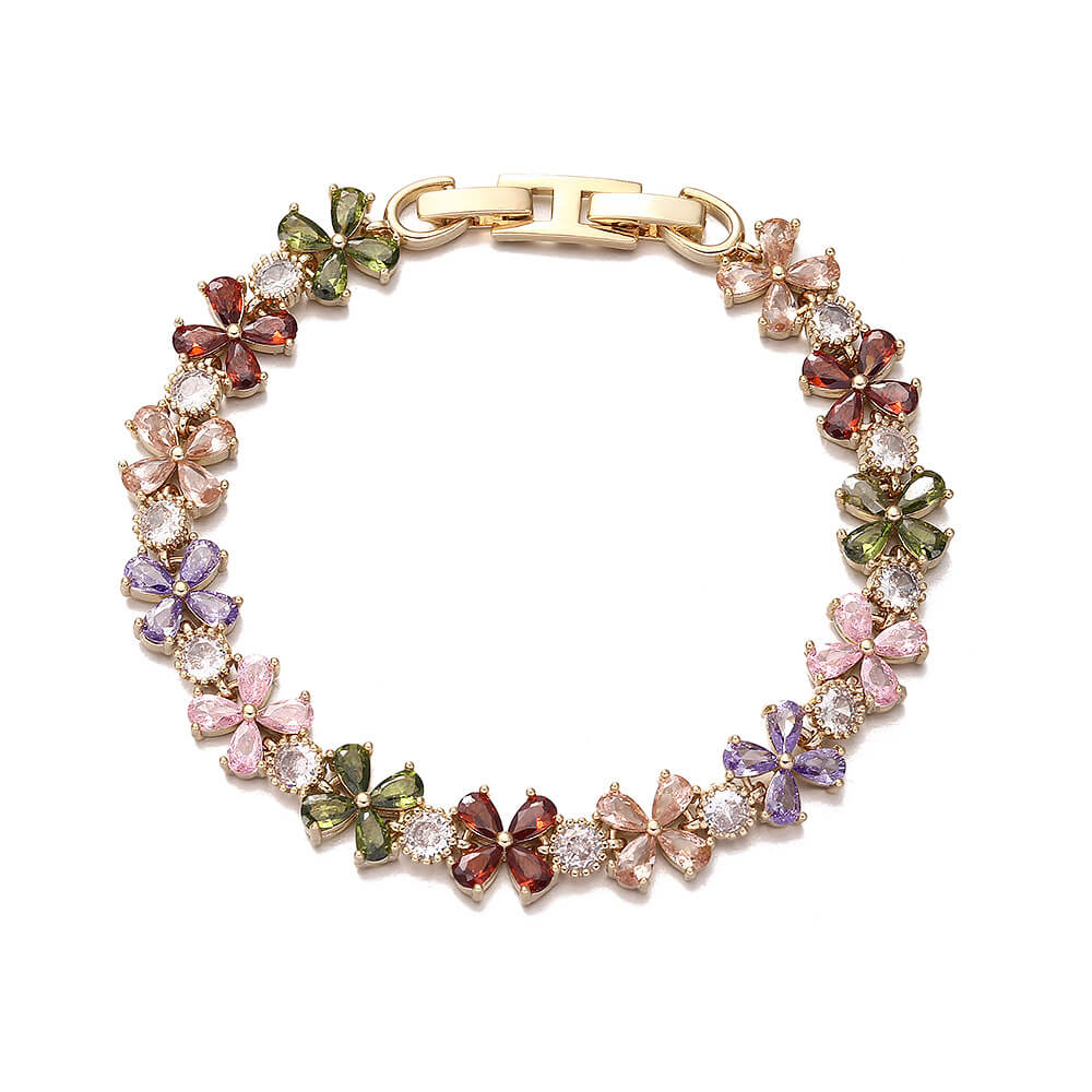 18K Gold Plated Floral Cluster Bracelet | Colorful 5A Cubic Zirconia Flower Charm Bracelet for Women | 7cm Diameter Spring Jewelry - Aruary Studio ｜ Artisanal Jewelry