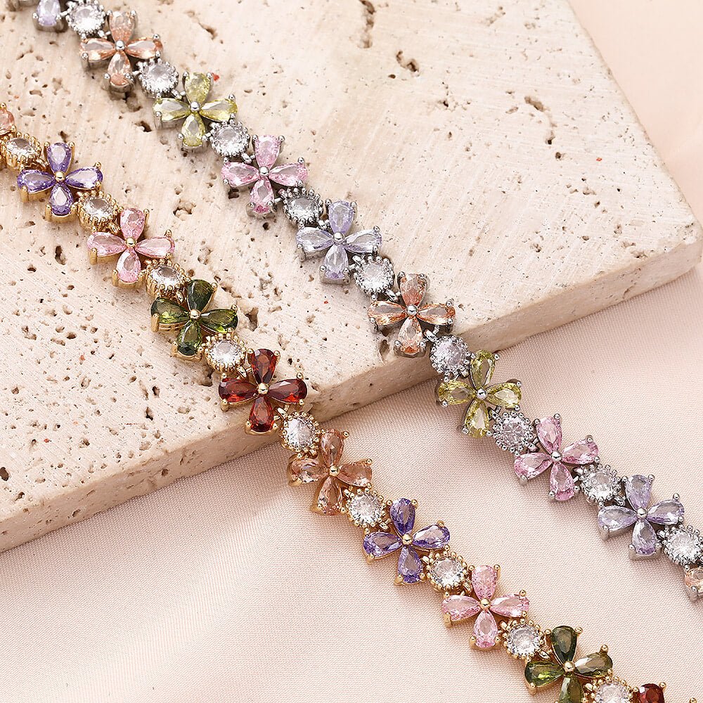 18K Gold Plated Floral Cluster Bracelet | Colorful 5A Cubic Zirconia Flower Charm Bracelet for Women | 7cm Diameter Spring Jewelry - Aruary Studio ｜ Artisanal Jewelry