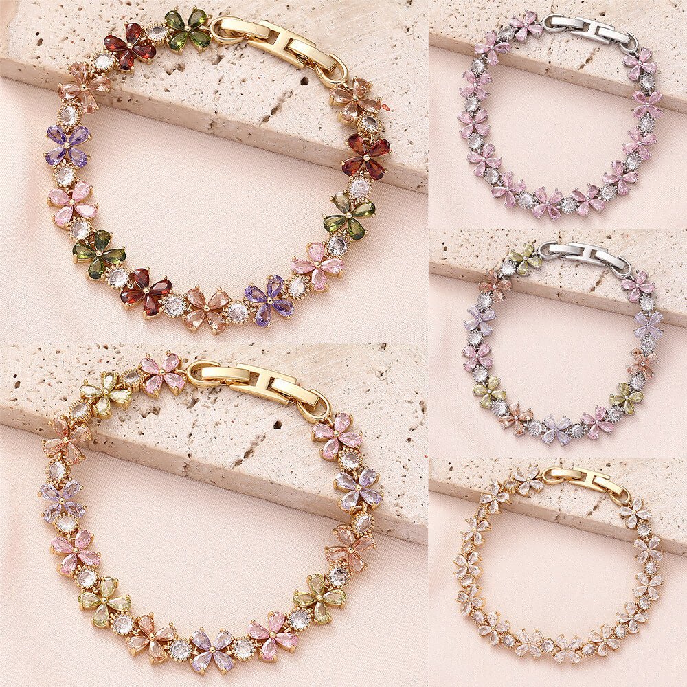 18K Gold Plated Floral Cluster Bracelet | Colorful 5A Cubic Zirconia Flower Charm Bracelet for Women | 7cm Diameter Spring Jewelry - Aruary Studio ｜ Artisanal Jewelry