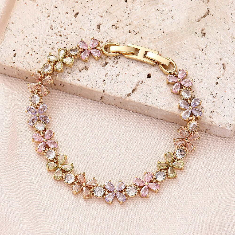 18K Gold Plated Floral Cluster Bracelet | Colorful 5A Cubic Zirconia Flower Charm Bracelet for Women | 7cm Diameter Spring Jewelry - Aruary Studio ｜ Artisanal Jewelry