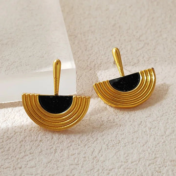 18K Gold Plated Geometric Drop Earrings - Semi - Circular Modern Dangle Earrings with Black Accents - Aruary Studio ｜ Artisanal Jewelry