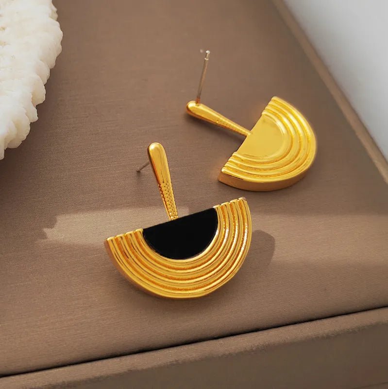 18K Gold Plated Geometric Drop Earrings - Semi - Circular Modern Dangle Earrings with Black Accents - Aruary Studio ｜ Artisanal Jewelry