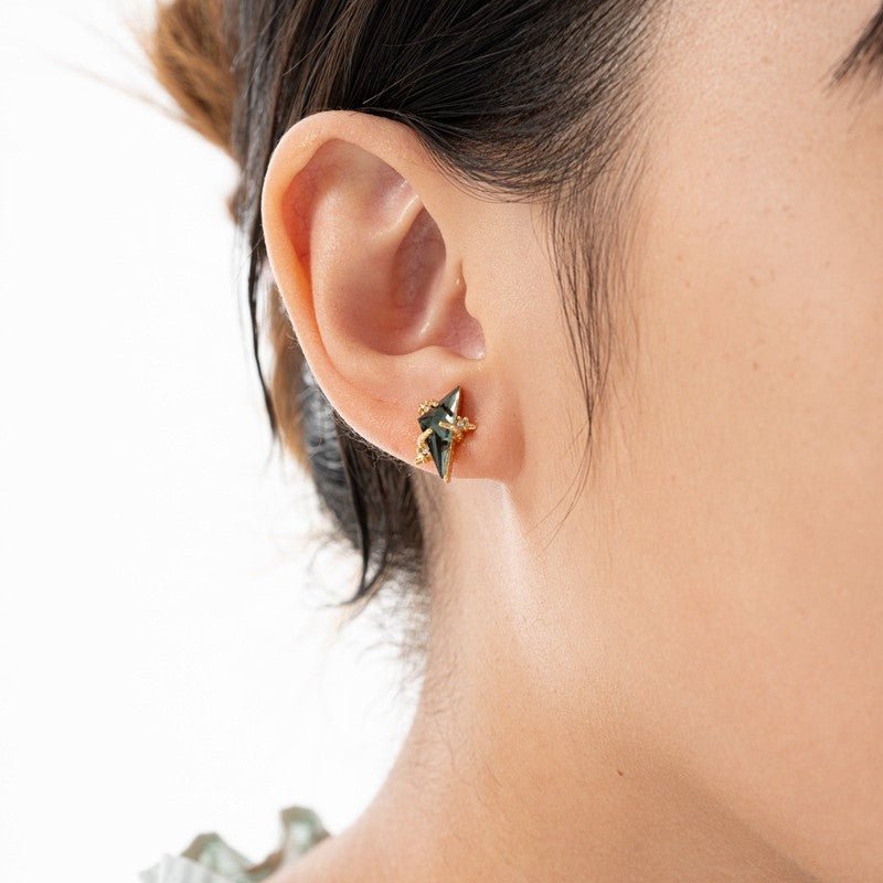 18K Gold Plated Geometric Triangle Stud Earrings with High Quality Emerald - Aruary Studio ｜ Artisanal Jewelry