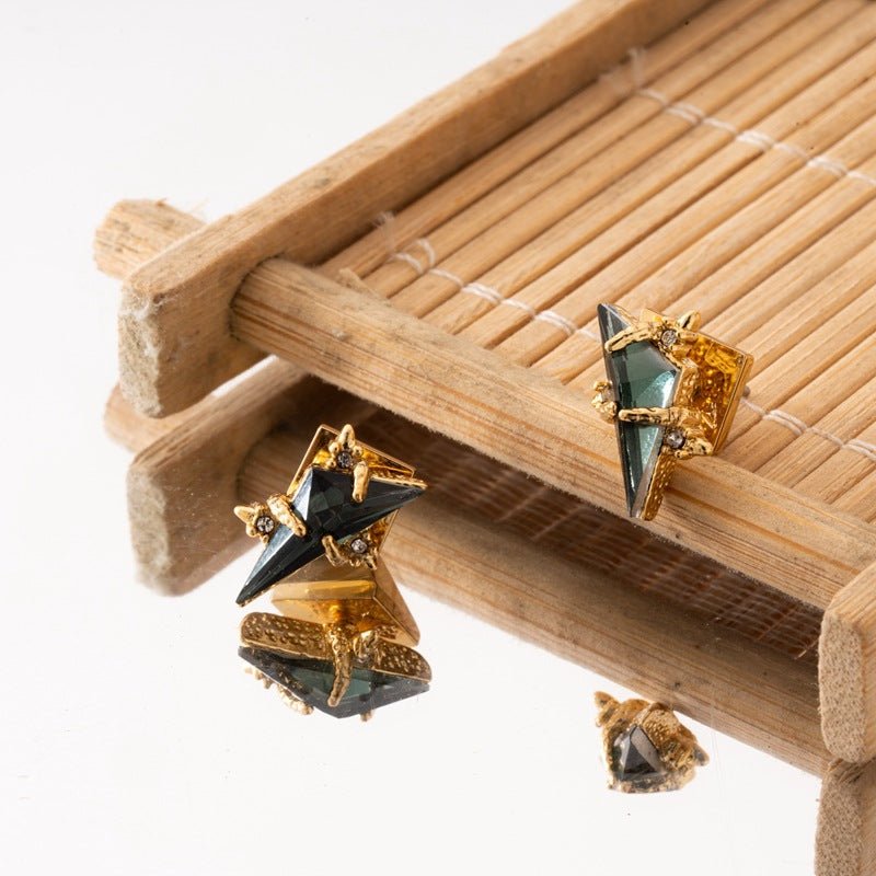 18K Gold Plated Geometric Triangle Stud Earrings with High Quality Emerald - Aruary Studio ｜ Artisanal Jewelry