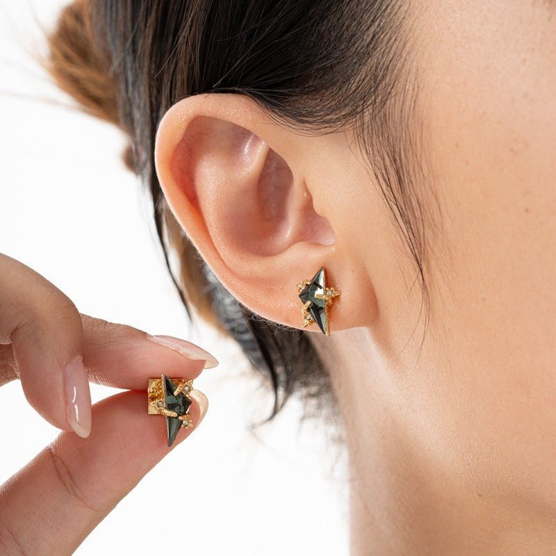 18K Gold Plated Geometric Triangle Stud Earrings with High Quality Emerald - Aruary Studio ｜ Artisanal Jewelry