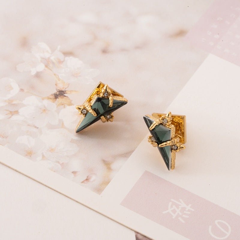 18K Gold Plated Geometric Triangle Stud Earrings with High Quality Emerald - Aruary Studio ｜ Artisanal Jewelry