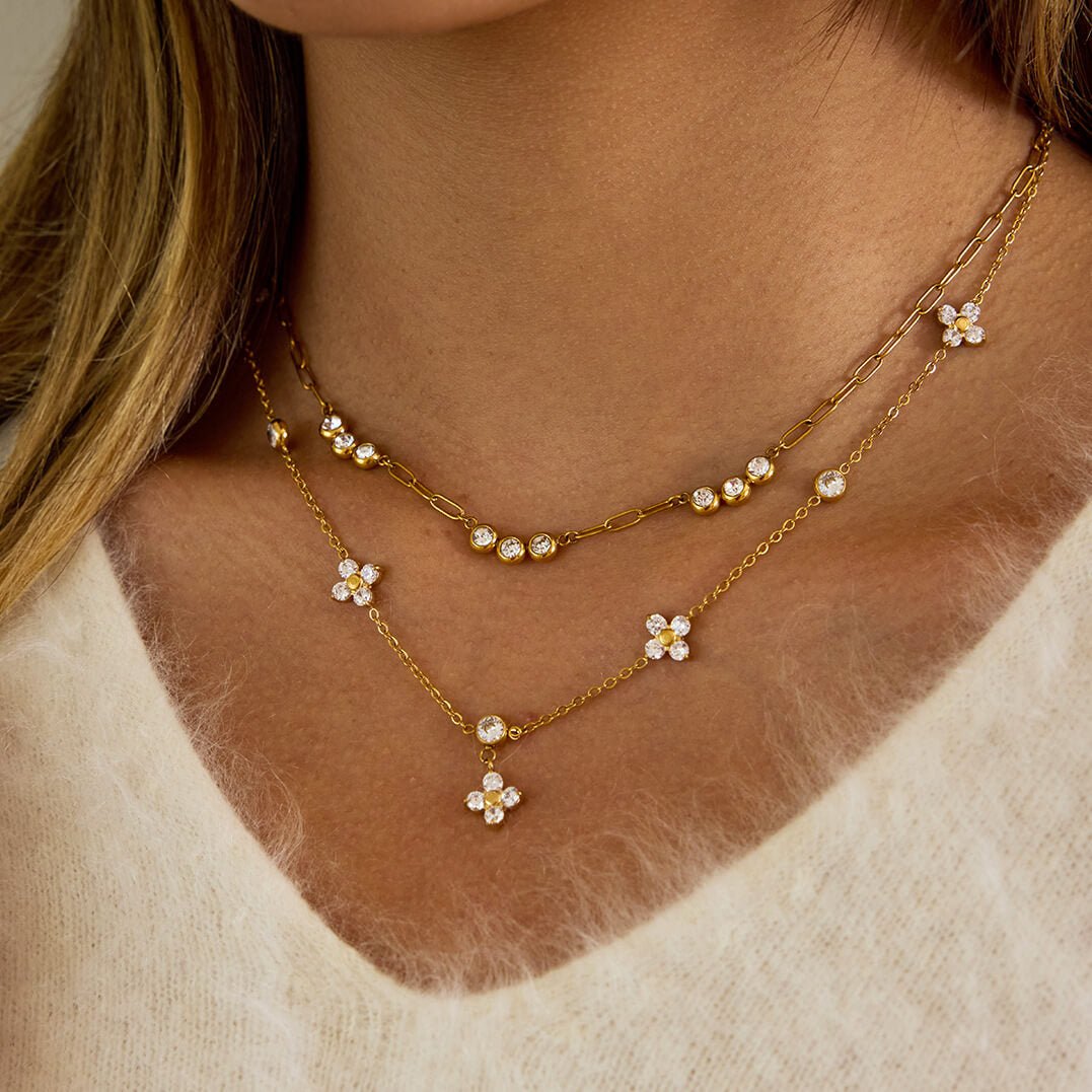 18K Gold Plated Layered Necklace Set | Waterproof Stainless Steel Paperclip & Floral Charm Necklace | Tarnish - Free Dainty Jewelry for Women - Aruary Studio ｜ Artisanal Jewelry
