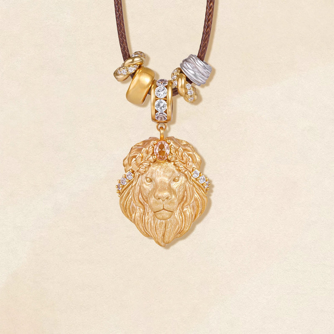 18K Gold Plated Majestic Lion Head Pendant Necklace | Eco - Friendly Mythical Strength Amulet with 5A Zircons | 50cm Braided Leather Cord - Aruary Studio ｜ Artisanal Jewelry