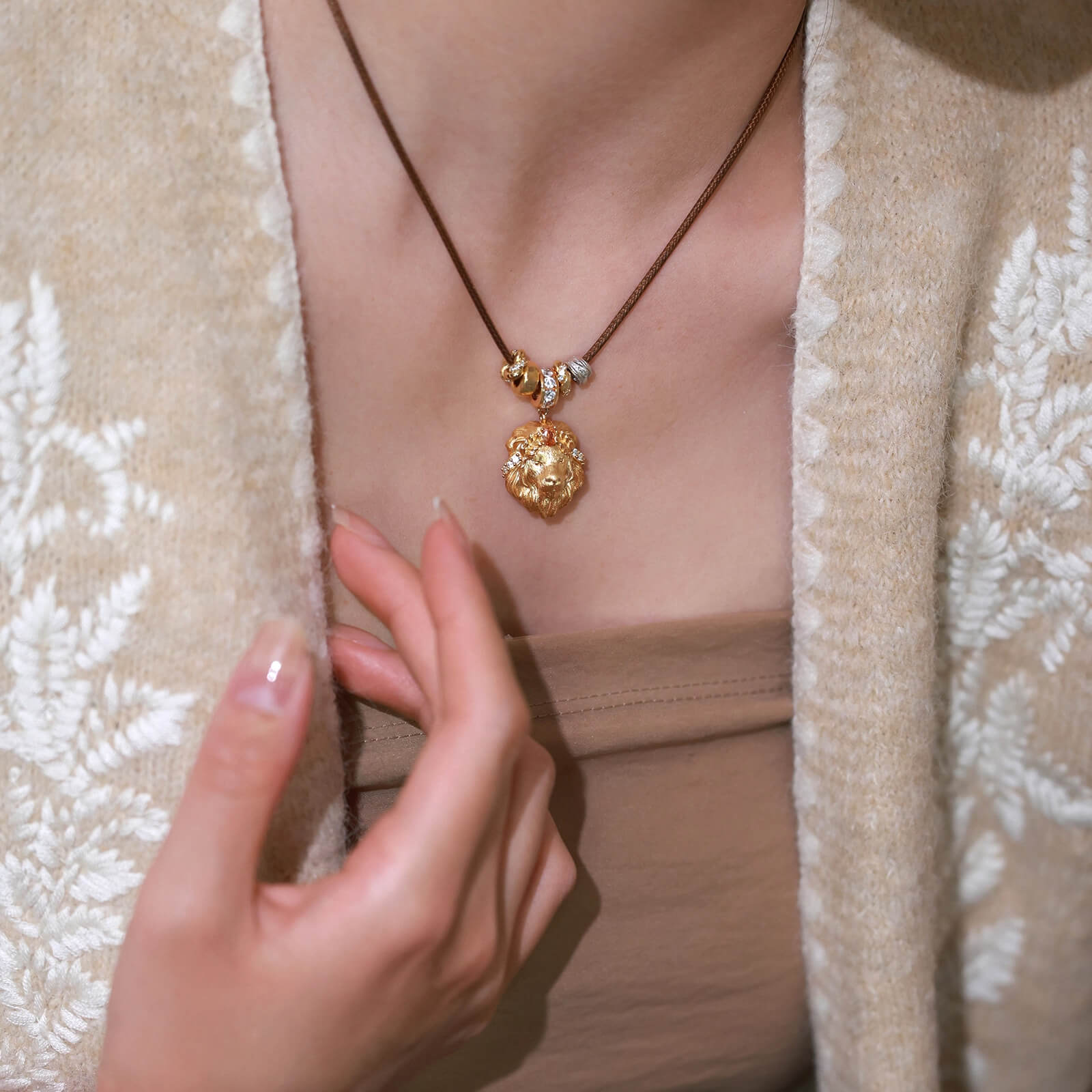 18K Gold Plated Majestic Lion Head Pendant Necklace | Eco - Friendly Mythical Strength Amulet with 5A Zircons | 50cm Braided Leather Cord - Aruary Studio ｜ Artisanal Jewelry