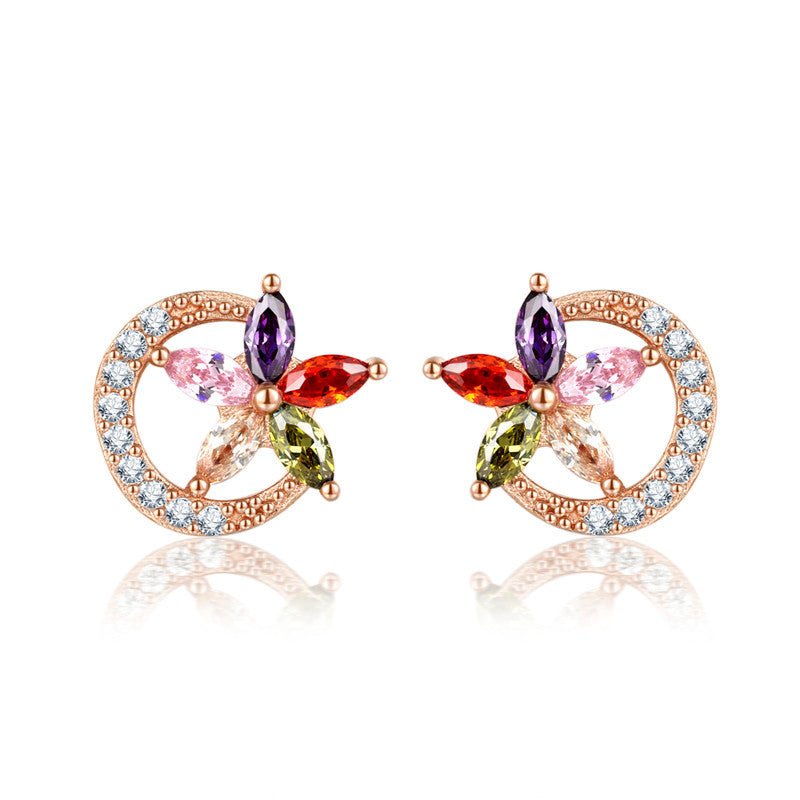 18K Gold Plated Multi - Color Zircon Flower Half - Circle Stud Earrings - Aruary Studio ｜ Artisanal Jewelry