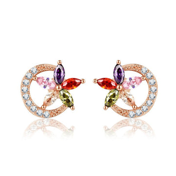 18K Gold Plated Multi - Color Zircon Flower Half - Circle Stud Earrings - Aruary Studio ｜ Artisanal Jewelry