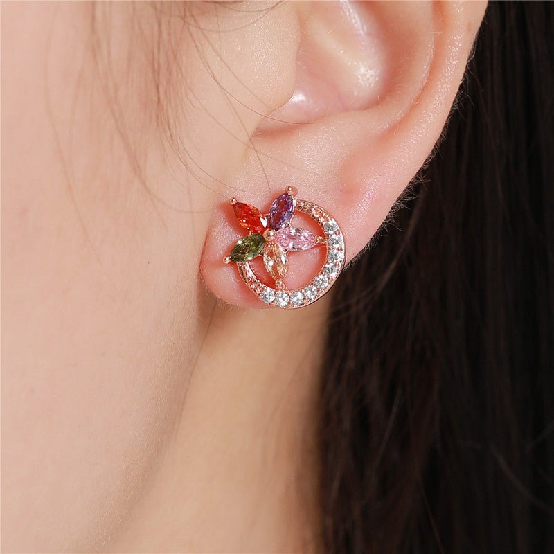 18K Gold Plated Multi - Color Zircon Flower Half - Circle Stud Earrings - Aruary Studio ｜ Artisanal Jewelry